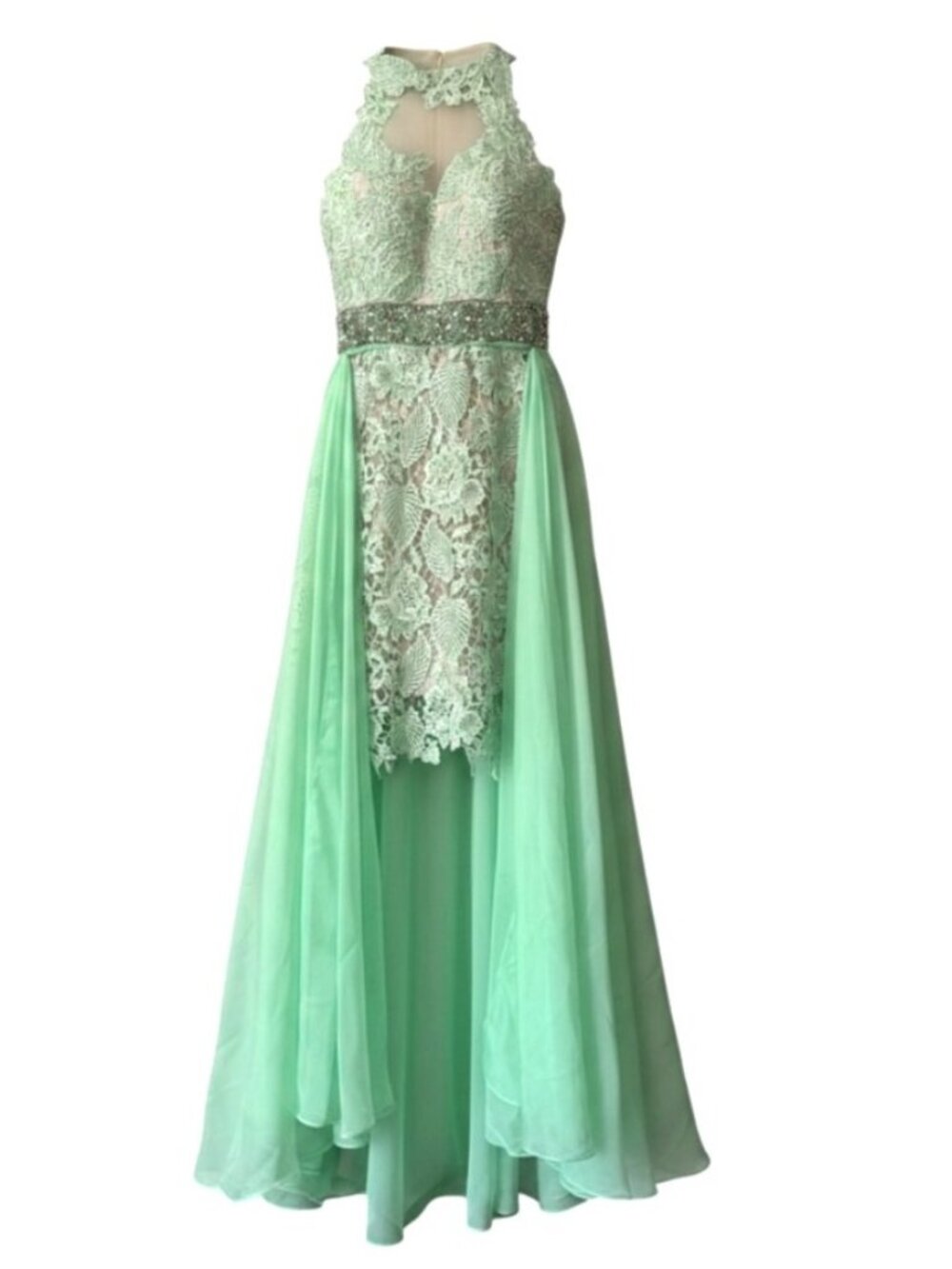 Sherri Hill Mint Green Lace & Chiffon High-Neck Gown Size 6